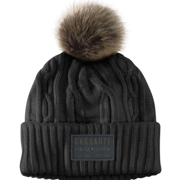 Carhartt Accessories - Carhartt Charcoal Cable Knit Beanie with Faux Fur Pom